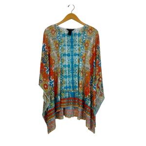 Ali Miles Poncho Womens Sz MD Orange Blue Sheer Mesh Stretch Mature Boho